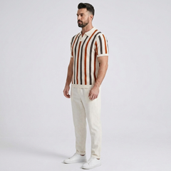Striped Knit Johnny Collar Polo & Straight Leg Linen Pants - 2 Piece Smart Casual Outfit