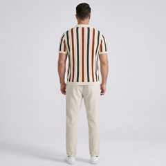 Striped Knit Johnny Collar Polo & Straight Leg Linen Pants - 2 Piece Smart Casual Outfit