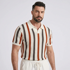Striped Knit Johnny Collar Polo & Straight Leg Linen Pants - 2 Piece Smart Casual Outfit
