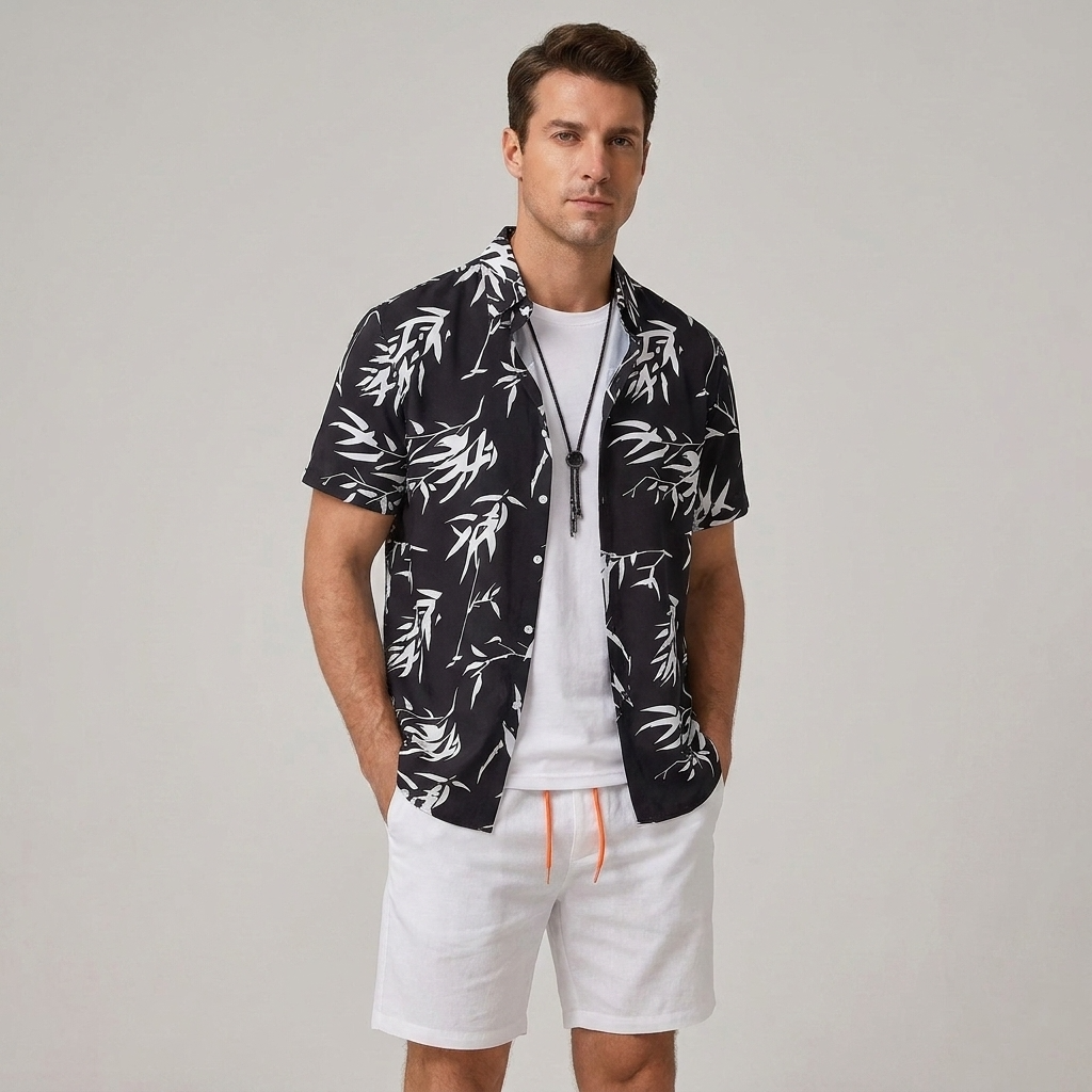 Bamboo Leaves Print Button Up Shirt & Swim Shorts - 2 Piece Summer Outfit