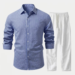 Striped Seersucker Stand Collar Shirt & Straight Leg Linen Pants - 2 Piece Smart Casual Outfit