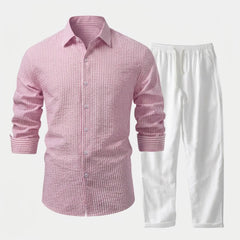 Striped Seersucker Stand Collar Shirt & Straight Leg Linen Pants - 2 Piece Smart Casual Outfit