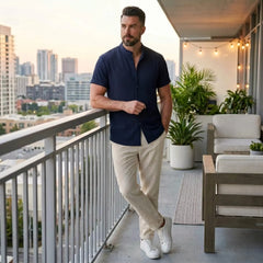 Waffle Button-Up Shirt & Linen Pants Set | Smart Casual Outfit
