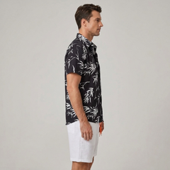 Bamboo Leaves Print Button Up Shirt & Swim Shorts - 2 Piece Summer Outfit