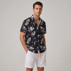 Bamboo Leaves Print Button Up Shirt & Swim Shorts - 2 Piece Summer Outfit
