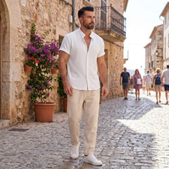 Waffle Button-Up Shirt & Linen Pants Set | Smart Casual Outfit