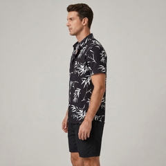 Bamboo Leaves Print Button Up Shirt & Swim Shorts - 2 Piece Summer Outfit