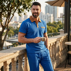 Color Block Waffle Polo & Straight Leg Pants – 2 Piece Smart Casual Outfit