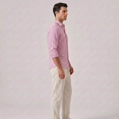 Striped Seersucker Stand Collar Shirt & Straight Leg Linen Pants - 2 Piece Smart Casual Outfit