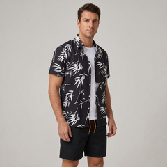 Bamboo Leaves Print Button Up Shirt & Swim Shorts - 2 Piece Summer Outfit