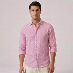Striped Seersucker Stand Collar Shirt & Straight Leg Linen Pants - 2 Piece Smart Casual Outfit