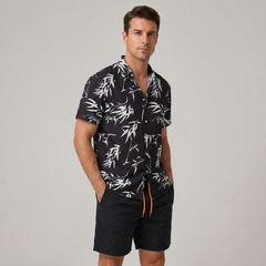 Bamboo Leaves Print Button Up Shirt & Swim Shorts - 2 Piece Summer Outfit