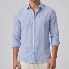 Striped Seersucker Stand Collar Shirt & Straight Leg Linen Pants - 2 Piece Smart Casual Outfit