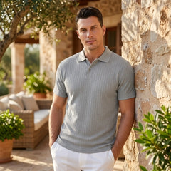 Jacquard Knit Polo Shirt – Loose-Fit Short Sleeve Button Casual Top