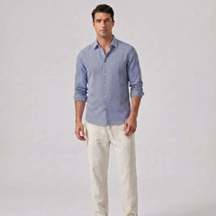 Striped Seersucker Stand Collar Shirt & Straight Leg Linen Pants - 2 Piece Smart Casual Outfit