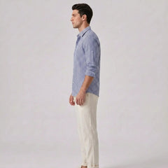 Striped Seersucker Stand Collar Shirt & Straight Leg Linen Pants - 2 Piece Smart Casual Outfit