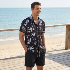 Bamboo Leaves Print Button Up Shirt & Swim Shorts - 2 Piece Summer Outfit