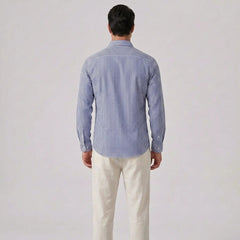 Striped Seersucker Stand Collar Shirt & Straight Leg Linen Pants - 2 Piece Smart Casual Outfit