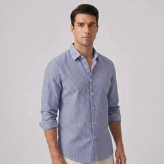 Striped Seersucker Stand Collar Shirt & Straight Leg Linen Pants - 2 Piece Smart Casual Outfit