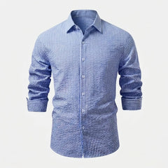 Striped Seersucker Stand Collar Shirt & Straight Leg Linen Pants - 2 Piece Smart Casual Outfit