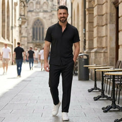 Waffle Button-Up Shirt & Linen Pants Set | Smart Casual Outfit