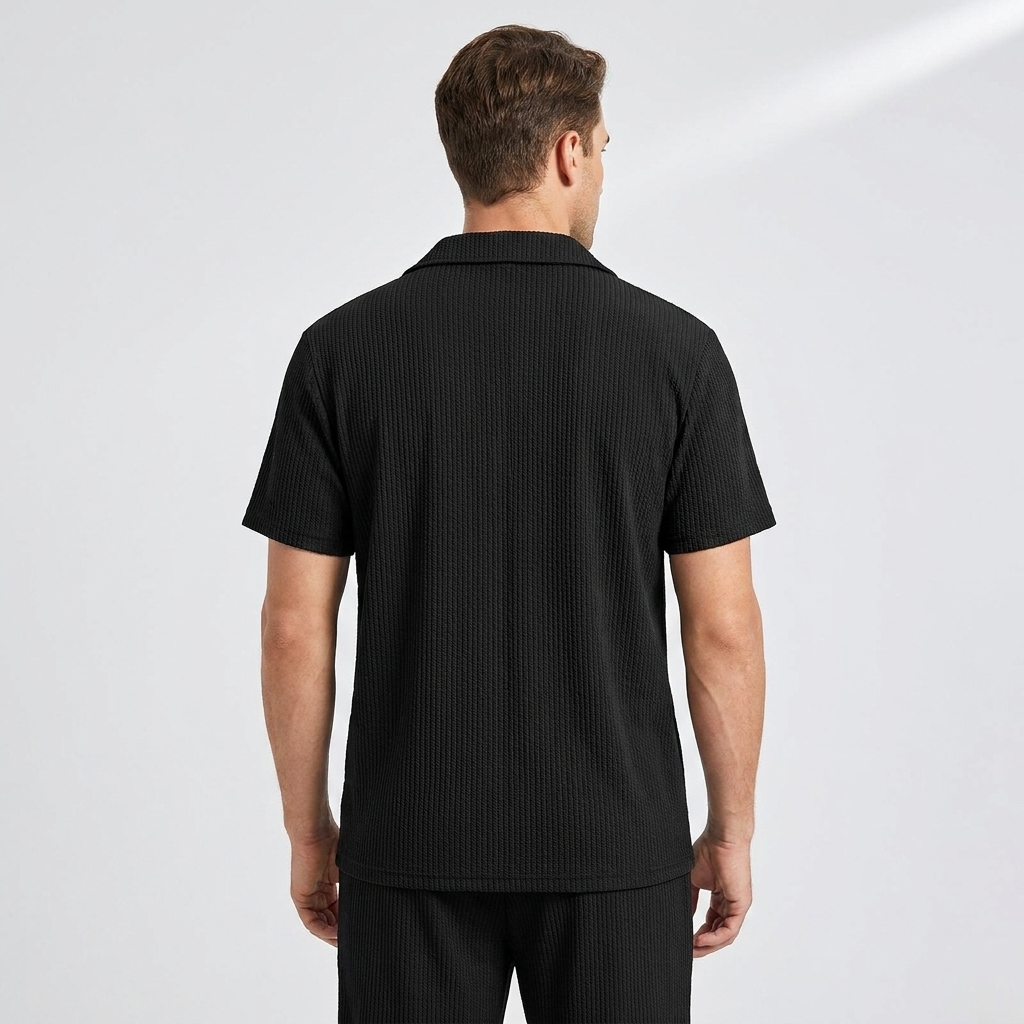 ribbed polo and pants outfit lifestyle view