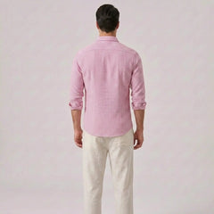 Striped Seersucker Stand Collar Shirt & Straight Leg Linen Pants - 2 Piece Smart Casual Outfit