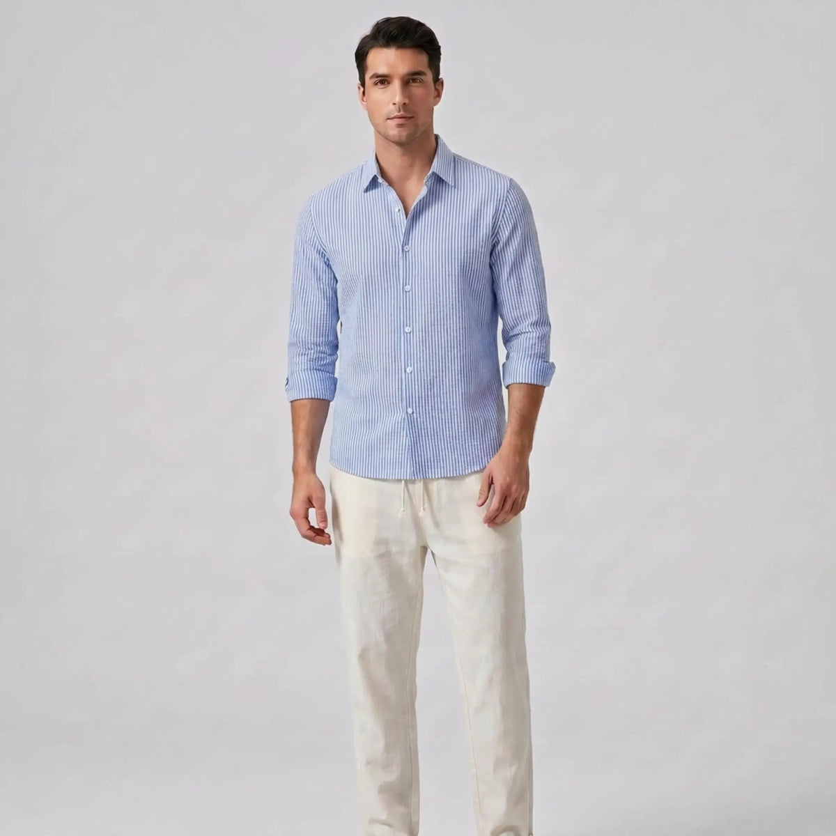 Striped Seersucker Stand Collar Shirt & Straight Leg Linen Pants - 2 Piece Smart Casual Outfit