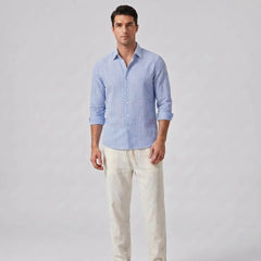 Striped Seersucker Stand Collar Shirt & Straight Leg Linen Pants - 2 Piece Smart Casual Outfit