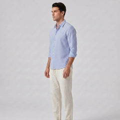 Striped Seersucker Stand Collar Shirt & Straight Leg Linen Pants - 2 Piece Smart Casual Outfit