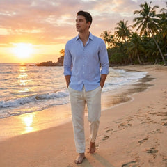 Striped Seersucker Stand Collar Shirt & Straight Leg Linen Pants - 2 Piece Smart Casual Outfit