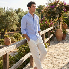 Striped Seersucker Stand Collar Shirt & Straight Leg Linen Pants - 2 Piece Smart Casual Outfit