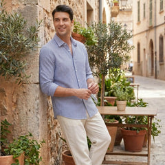 Striped Seersucker Stand Collar Shirt & Straight Leg Linen Pants - 2 Piece Smart Casual Outfit