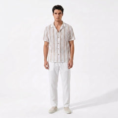 Striped Mesh Cuban Shirt & Wrinkle Textured Straight Leg Pants - 2 Piece Smart Casual Outfit