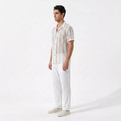 Striped Mesh Cuban Shirt & Wrinkle Textured Straight Leg Pants - 2 Piece Smart Casual Outfit
