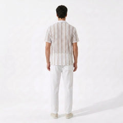 Striped Mesh Cuban Shirt & Wrinkle Textured Straight Leg Pants - 2 Piece Smart Casual Outfit
