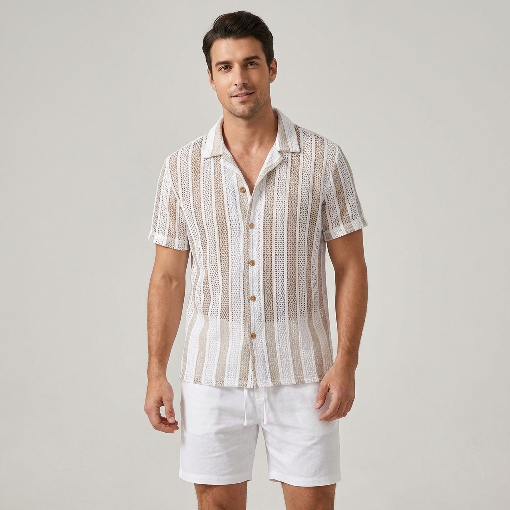 Striped Mesh Cuban Shirt & Linen Drawstring Shorts - 2 Piece Summer Outfit