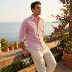 Striped Seersucker Stand Collar Shirt & Straight Leg Linen Pants - 2 Piece Smart Casual Outfit