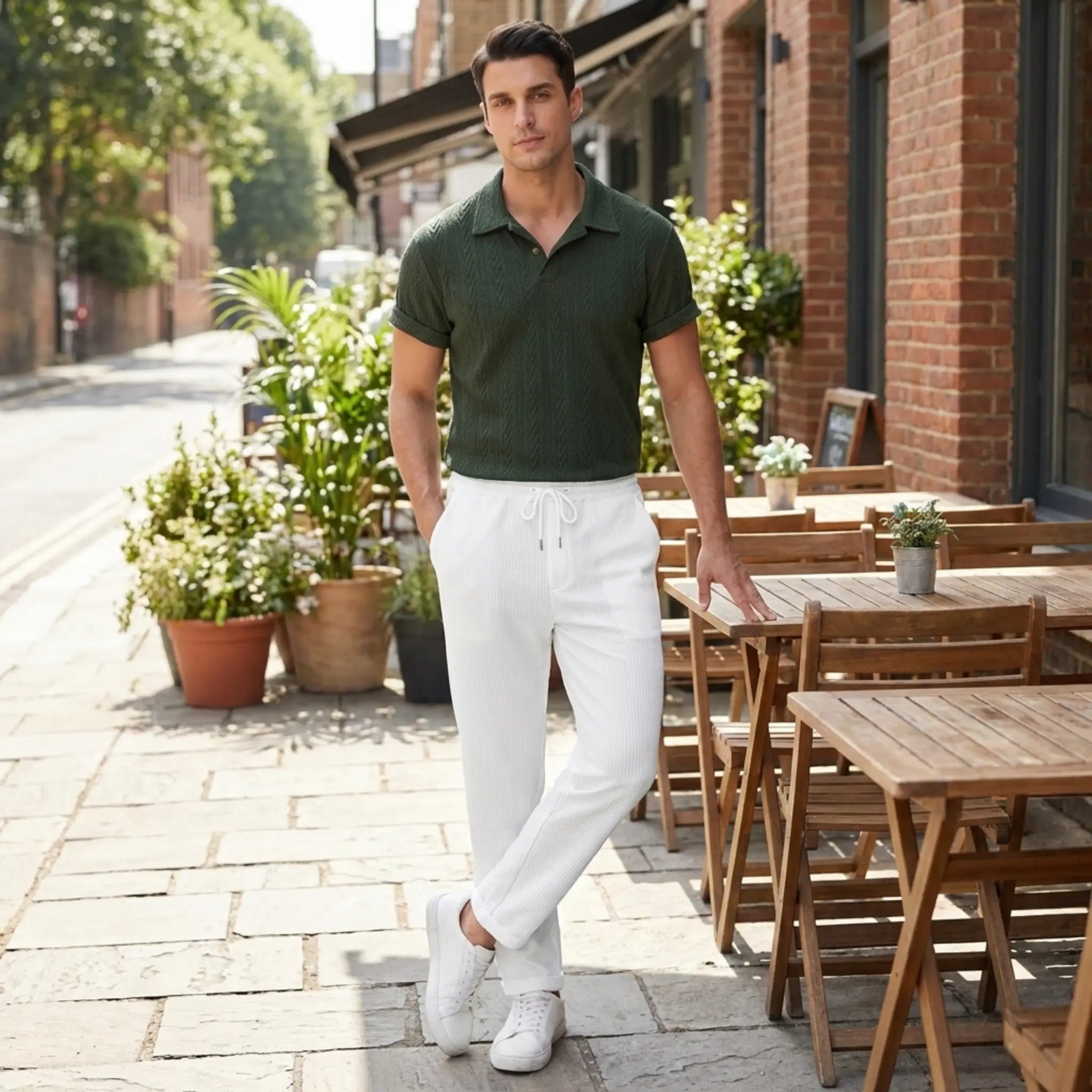 Man in a green polo shirt and white pants standing on a sidewalk with outdoor tables and plants in the background.