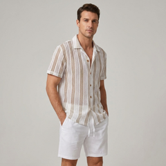 Striped Mesh Cuban Shirt & Linen Drawstring Shorts - 2 Piece Summer Outfit