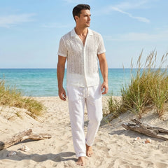 Geometry Textured Cuban Shirt & Straight Leg Linen Pants - 2 Piece Summer Outfit