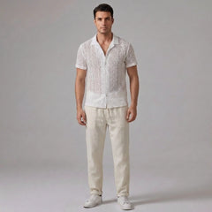 Geometry Textured Cuban Shirt & Straight Leg Linen Pants - 2 Piece Summer Outfit
