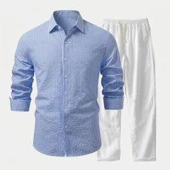 Striped Seersucker Stand Collar Shirt & Straight Leg Linen Pants - 2 Piece Smart Casual Outfit