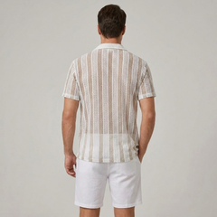Striped Mesh Cuban Shirt & Linen Drawstring Shorts - 2 Piece Summer Outfit