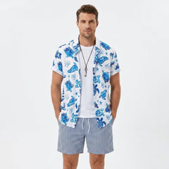 Turtle Print Button Up Shirt & Striped Swim Shorts - 2 Piece Summer Outfit