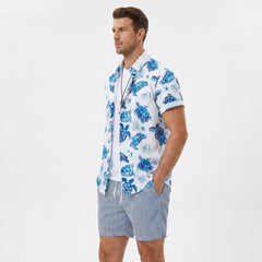 Turtle Print Button Up Shirt & Striped Swim Shorts - 2 Piece Summer Outfit