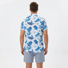 Turtle Print Button Up Shirt & Striped Swim Shorts - 2 Piece Summer Outfit