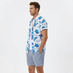 Turtle Print Button Up Shirt & Striped Swim Shorts - 2 Piece Summer Outfit