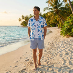 Turtle Print Button Up Shirt & Striped Swim Shorts - 2 Piece Summer Outfit