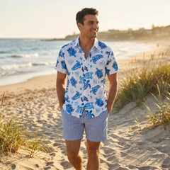 Turtle Print Button Up Shirt & Striped Swim Shorts - 2 Piece Summer Outfit
